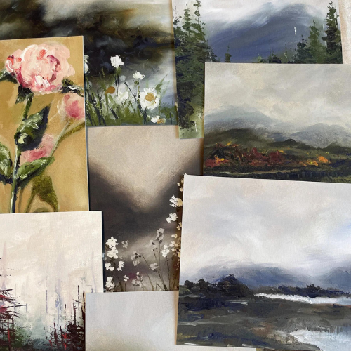 A collection of landscape and floral paintings arranged together, showcasing a variety of seasonal artwork