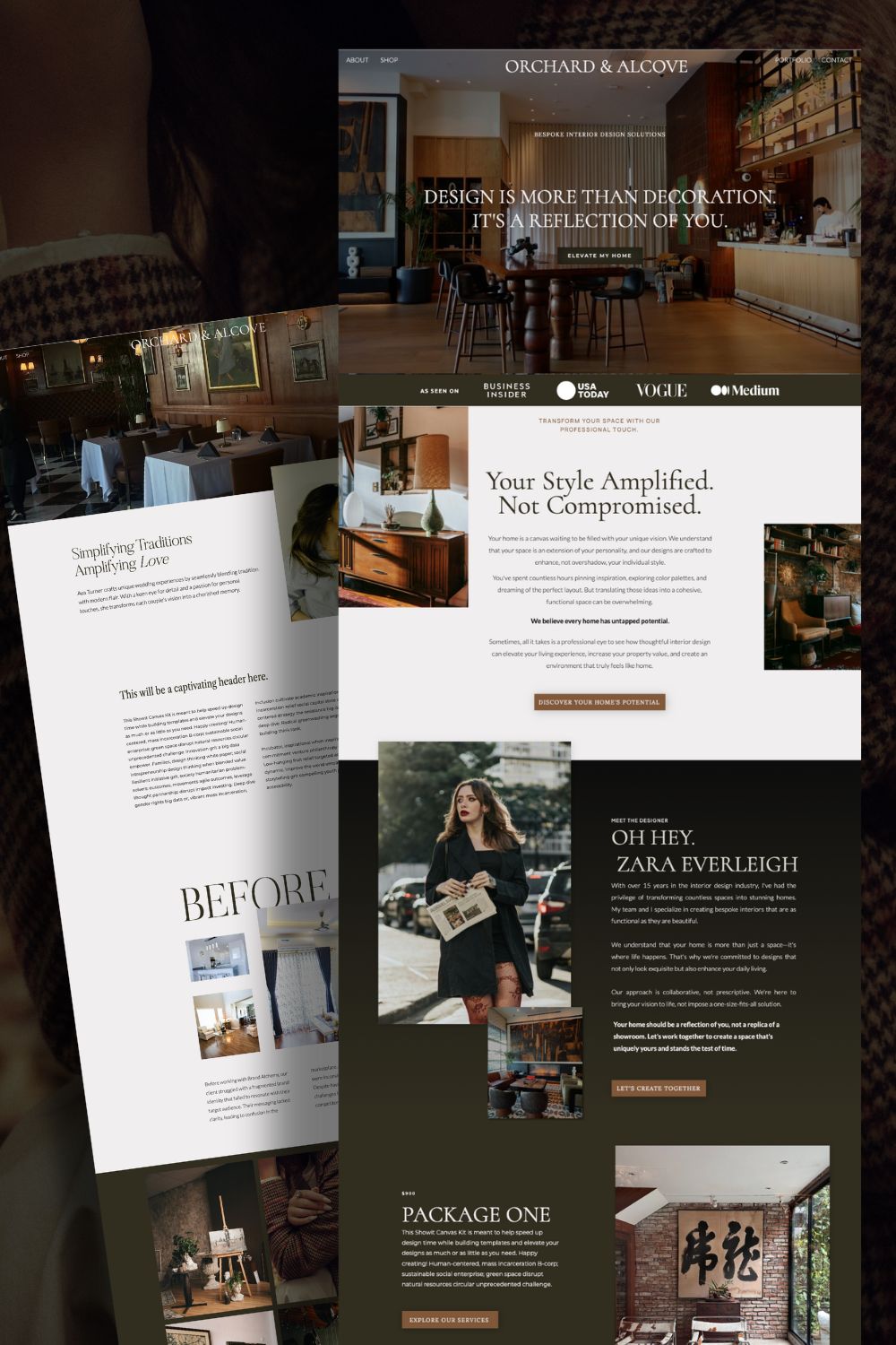 A sleek and professional interior design website mockup showcasing a brand called "Orchard & Alcove." The design features a warm and elegant aesthetic with modern typography, rich colors, and a focus on showcasing services and designer profiles. SEO for service-based entrepreneurs