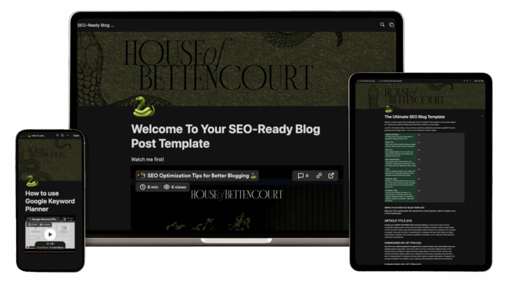 Mockup of SEO-ready blog post template by House of Bettencourt displayed on phone, laptop, and tablet screens, demonstrating tools for better blogging and answering how often should I blog for SEO