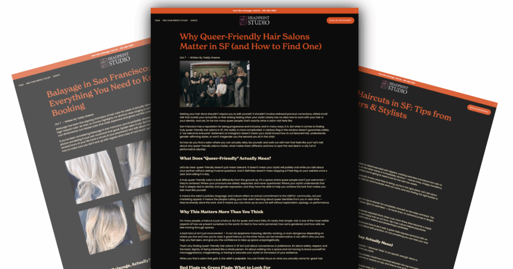 Collage of three hair-salon blog pages with bold orange headings on a dark theme, showing articles like balayage guides and queer-friendly salon tips—an example of personal, helpful blogging for a small business.