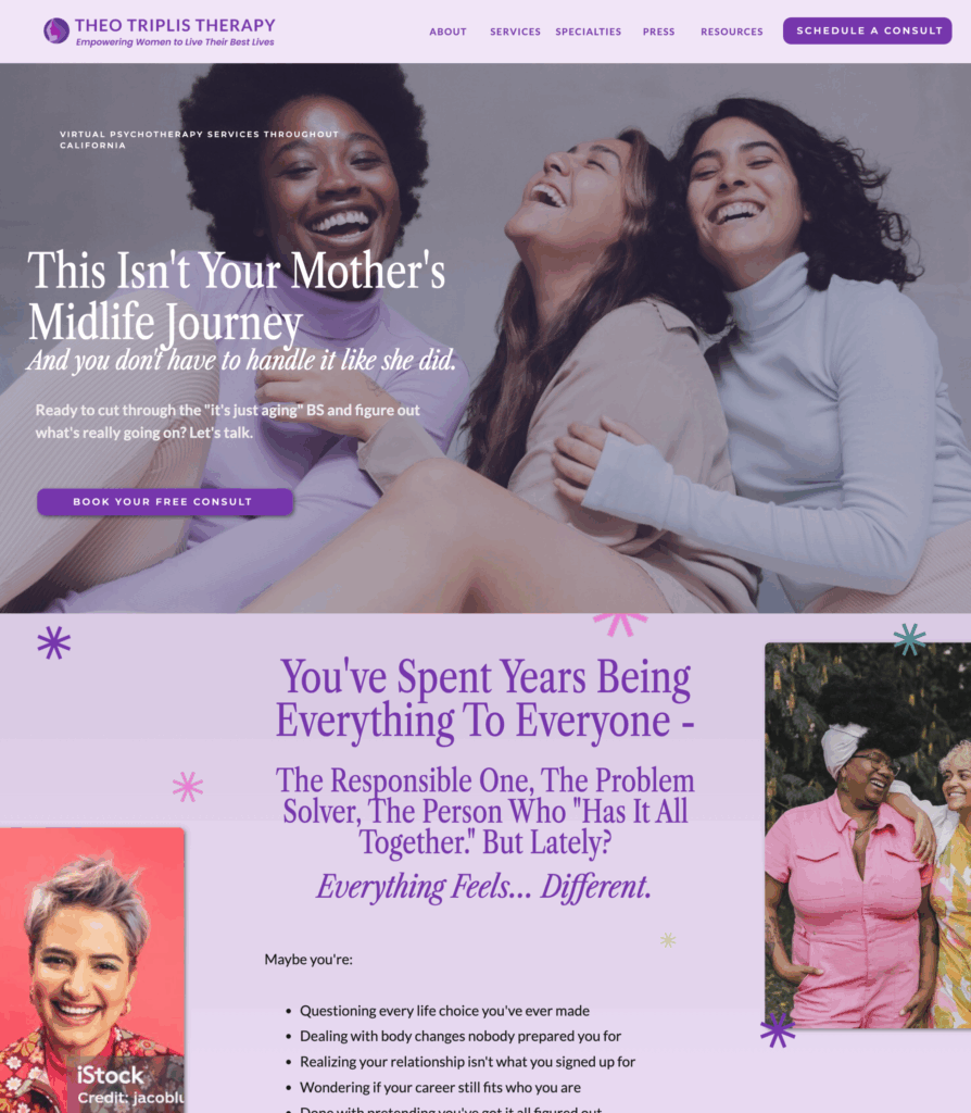 Smiling woman in a yellow shirt holding a small black dog in a blue sweater against a bright green background, showing a warm, approachable therapist brand with an authentic voice.